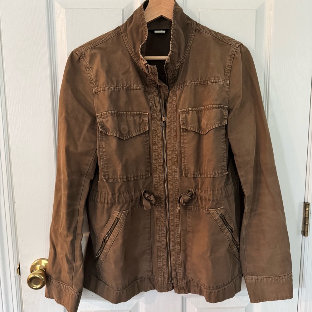 J Crew Military Field Jacket Olive Green/Brown Zip Up Cinch Waist Women’s Small
